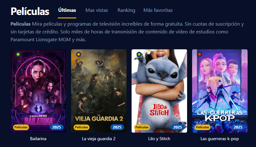 Captura de pantalla de la interfaz de usuario de Cinehdplus mostrando películas y series en alta definición
